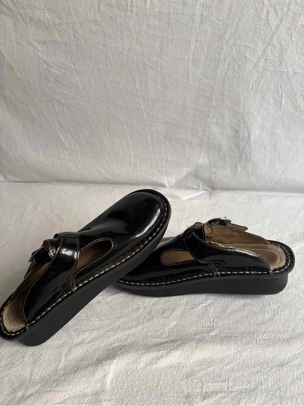 Alegria Black Patent Moccasin Clogs with Buckle - Picture 4 of 15